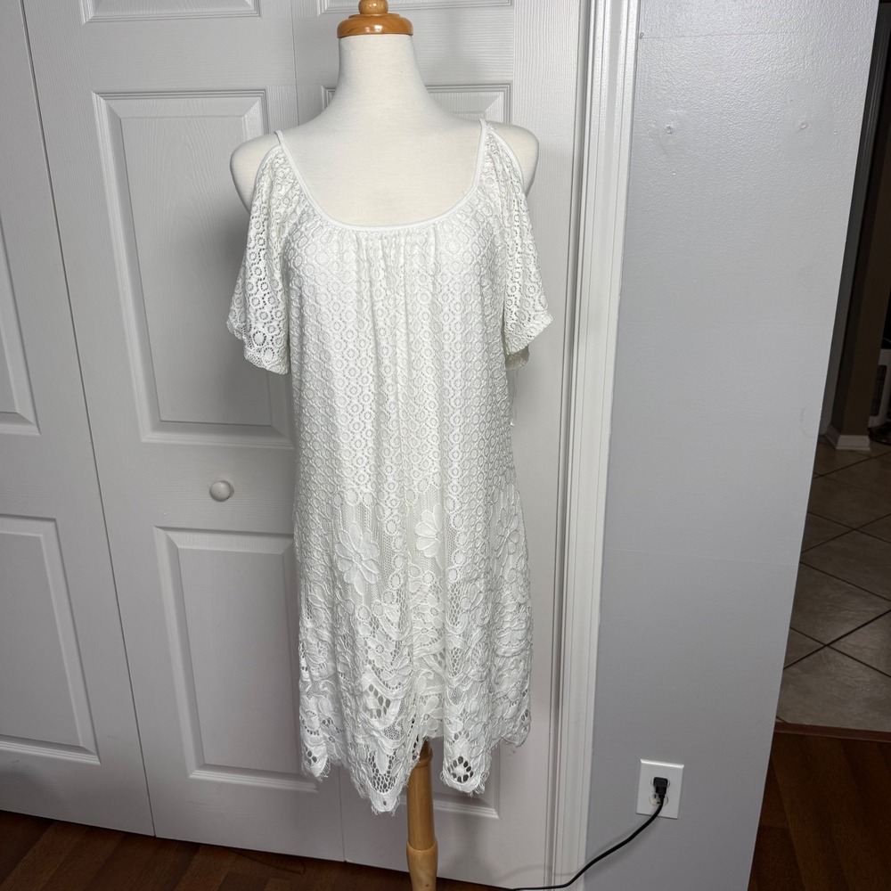 CURE White Floral Lace Cold Shoulder Mini Dress Medium Graduation Festival Boho